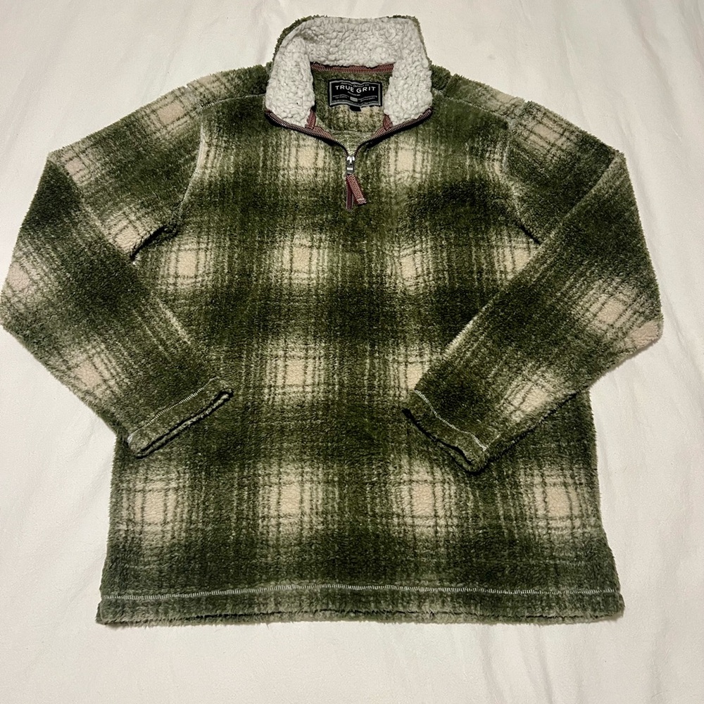 True Grit Green and Cream Zip Up Sweater